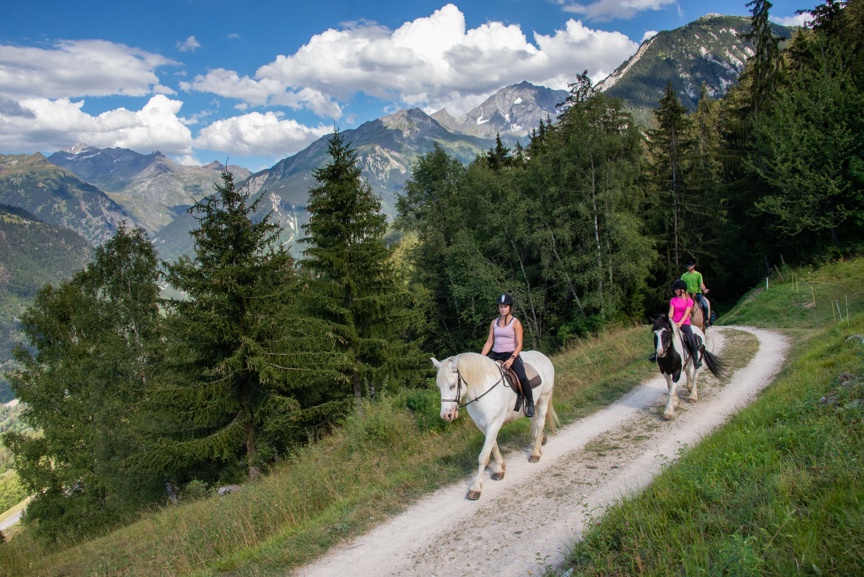 Horseback riding through the French Alps in summer.